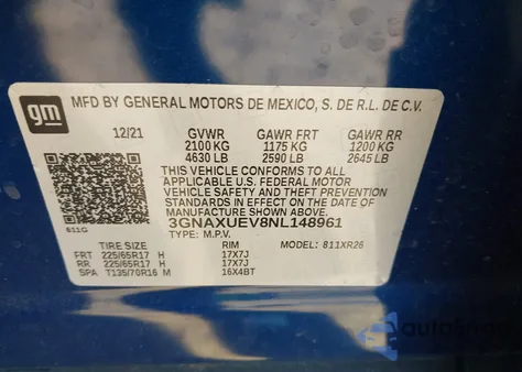 2022 Chevrolet Equinox Awd Lt z USA, uszkodzony, nr VIN 3GNAXUEV8NL148961